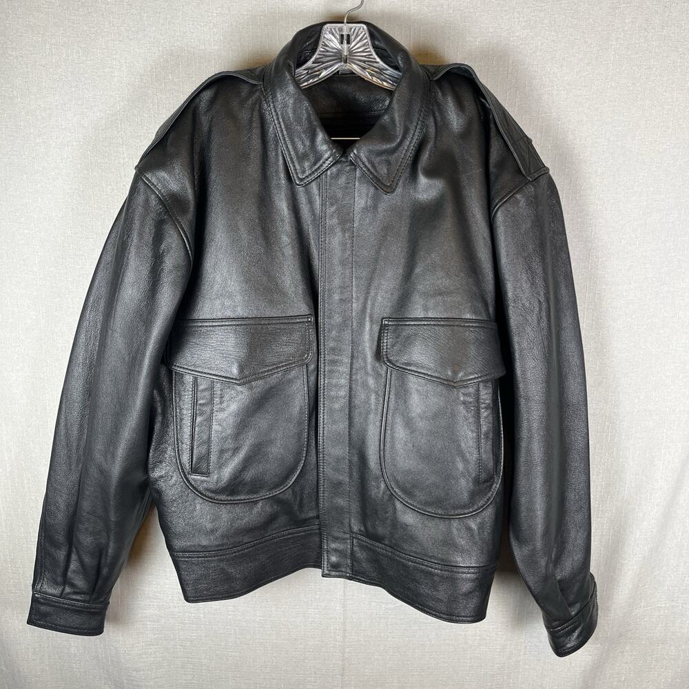 VTG Taylor Leatherwear Bomber Police Jacket Goat Leather Black Size Large Long